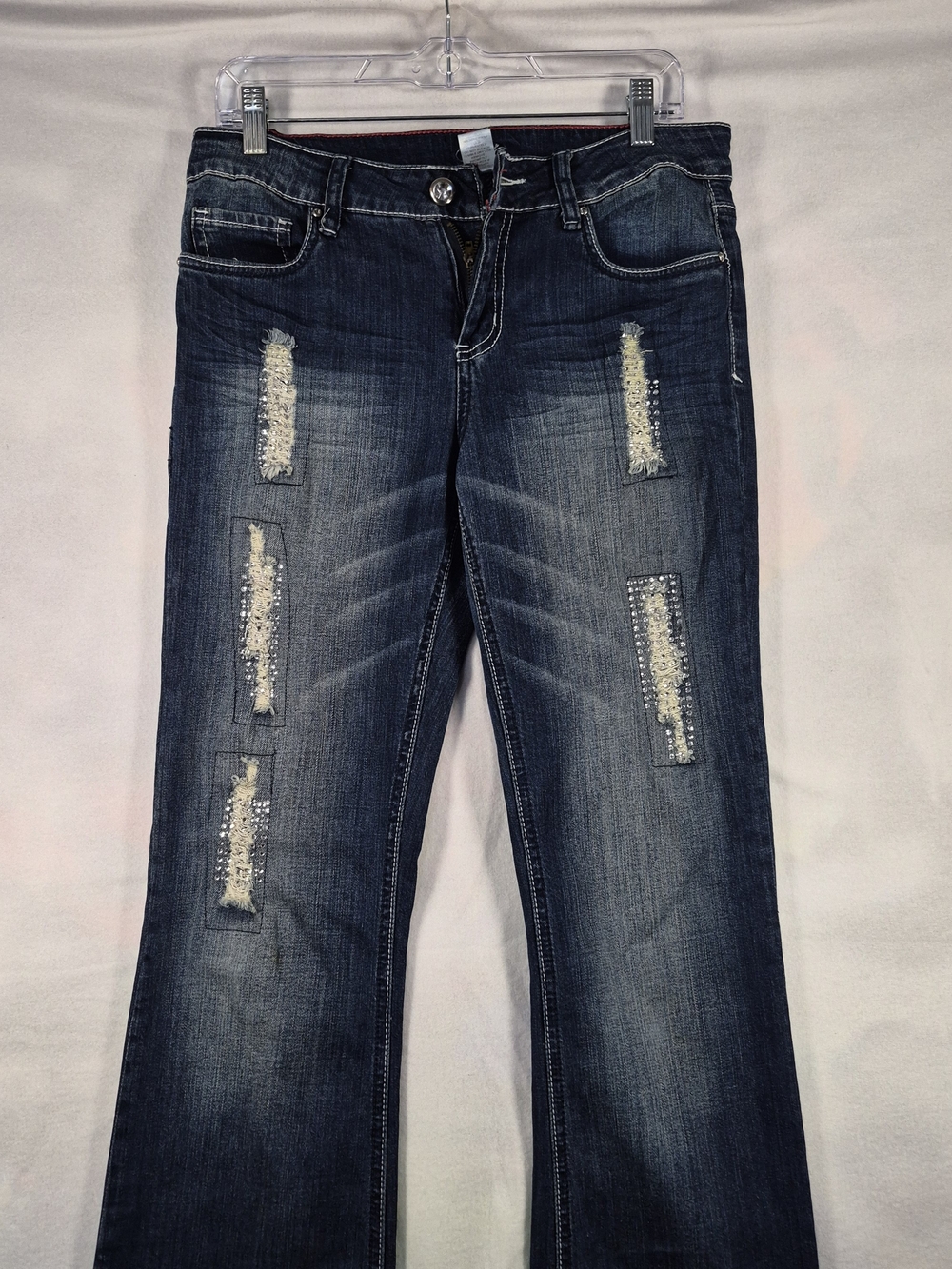 Cache Women's Dark Wash Bootcut Jeans with Rhinestone Distressed Details